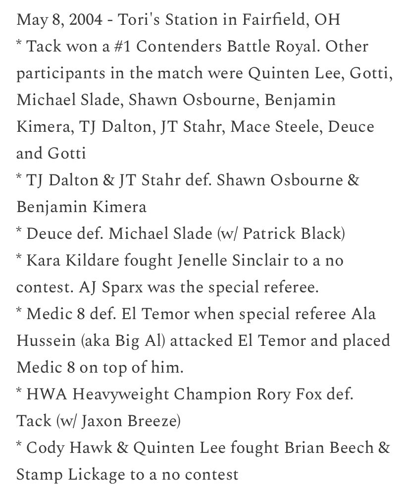 Today in @HWAOnline history

2004 in Fairfield, OH feat. @Quinten_Lee @JeffCarpenterH8 @RealLAKnight @roryfox_ @CodyFnHawk + Brian Beech, Stamp Lickage, Shawn Osbourne, Tack, Benjamin Kimera and more

Full results: