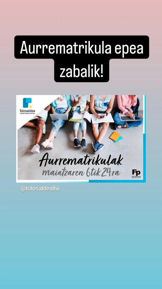 Lanbide Heziketako aurrematrikula epea da.

Hurrengo ikasturtean gurekin ikasi nahi baduzu, eman izena!

Informazio gehiago:
tolosaldea.hezkuntza.net/eu/formacion/c…

#AdministraritzaTLHI
<a href="/TolosaldeaLH/">Tolosaldea LH</a>