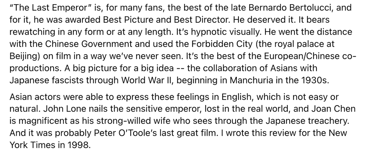 TheOliverStone's tweet photo. My review of #BernardoBertolucci's hypnotic #TheLastEmperor (linked below), written for @nytimes back in 1998 , as well as some current thoughts on the film. 
https://t.co/3u9u3OYLdu https://t.co/yM7W8sm85s