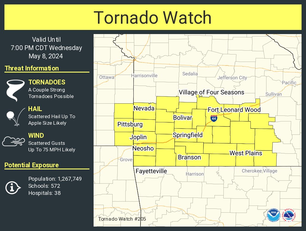 A tornado watch has been issued for parts of Kansas and Missouri until 7 PM CDT