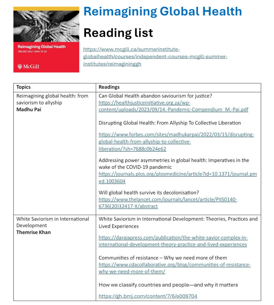 While our Reimagining Global Health course is almost full, you are welcome to download the reading list! mcgill.ca/summerinstitut…