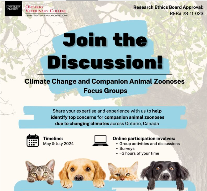 An @OVC study is recruiting experts in relevant fields in Ontario to participate in an expert elicitation. The aim is to identify climatic factors & drivers for the prioritization of companion animal zoonoses in the context of climate change: uoguel.ph/ohj70 @epiprofmom