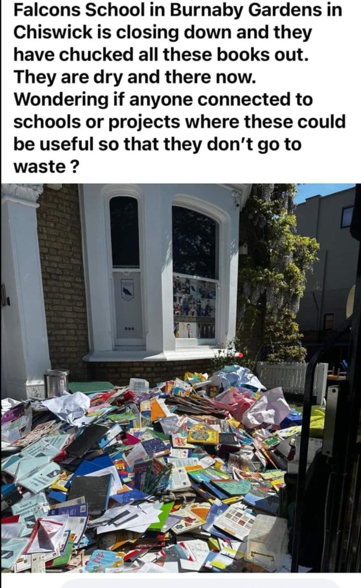 Loads of free books, toys, furniture up for grabs. A shocking waste by the ghastly owners of Falcons School. First they close giving the parents little warning, then they seem to have made zero effort to recycle this stuff to where it could be needed. Really poor show.