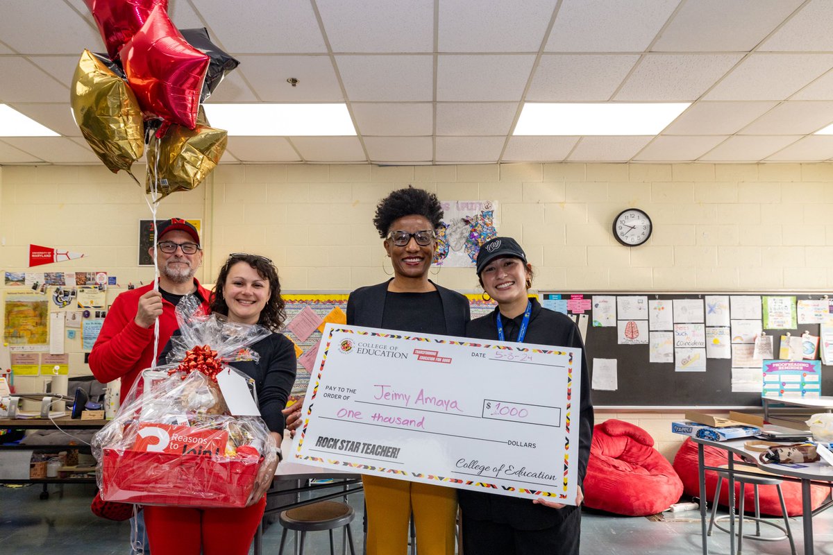At the International High School at Langley Park, we surprised English Teacher Jeimy Amaya  ’10.   Amaya recently earned National Board Certification, demonstrating a commitment to the teaching profession and her students! #TeacherAppreciationWeek #EdTerpsTeach #EdTerpsforGood