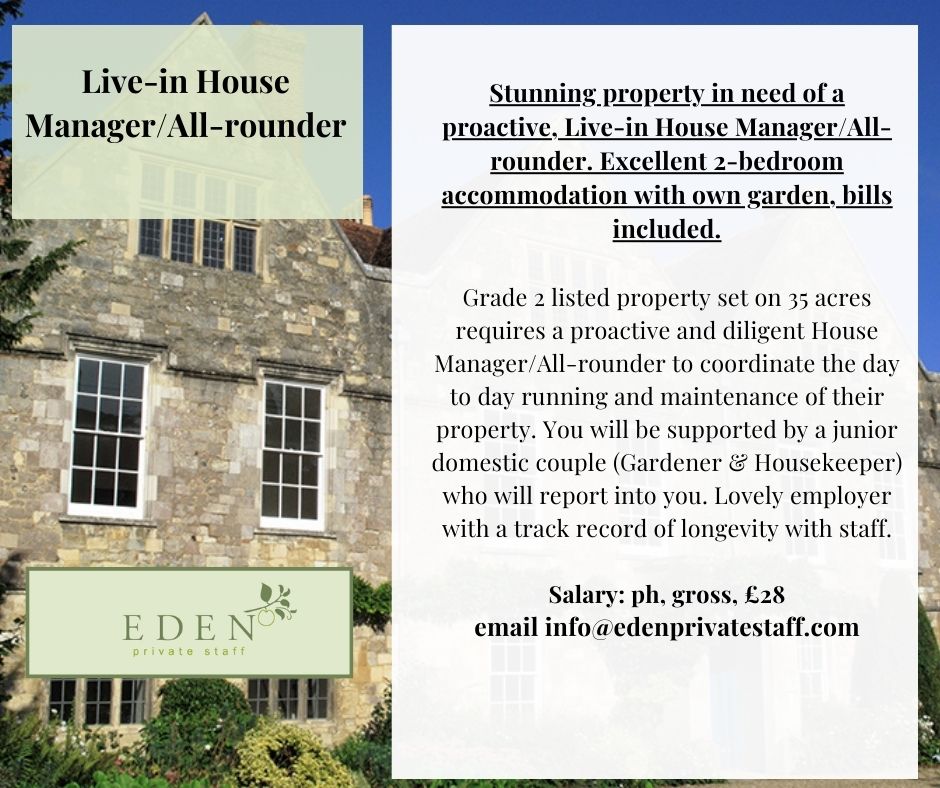 House Manager role in Winchester!

edenprivatestaff.com/job/live-in-ho… #butlerjobs #housemanager #headhousekeeper #privatehousehold #staffingservices #familyoffice #housemanagerbutler #butler