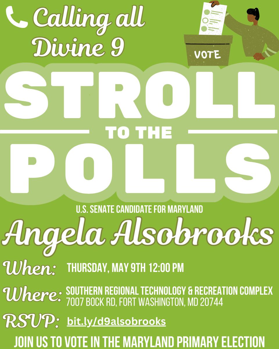 Calling all Divine Nine members: Join #TeamAlsobrooks as we stroll to the polls, TOMORROW, to cast your ballot in the primary election! You won't want to miss this! 😉 RSVP: bit.ly/d9alsobrooks