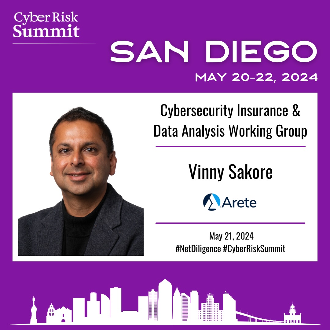 Thrilled to share that Arete’s Vinny Sakore will moderate the Cybersecurity Insurance &amp; Data Analysis panel at <a href="/NetDiligence/">NetDiligence®</a>'s Cyber Risk Summit on May 21 at 4:00pm. Mark your calendars!  
hubs.ly/Q02vn0hv0 
#CyberRiskSummit #NetDiligence #CyberRisk #CyberInsurance