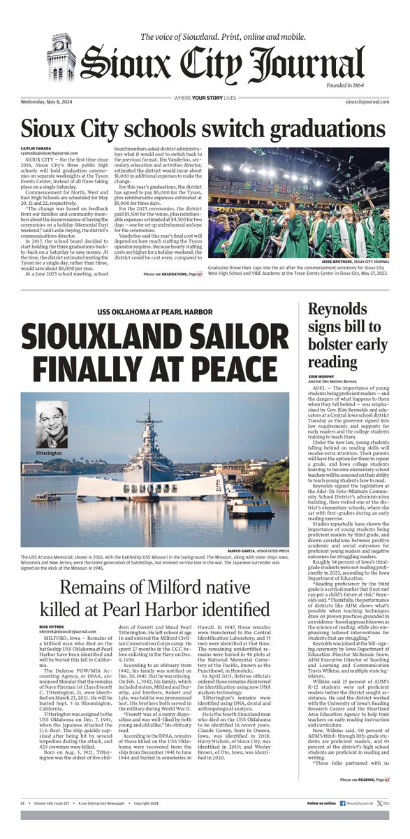 In The Journal's May 8 edition: Remains of Milford native killed at Pearl Harbor identified; Sioux City Schools moves to three days of graduation ceremonies; Reynolds signs new law to bolster early reading; and more. Read it all online and on our Journal app.