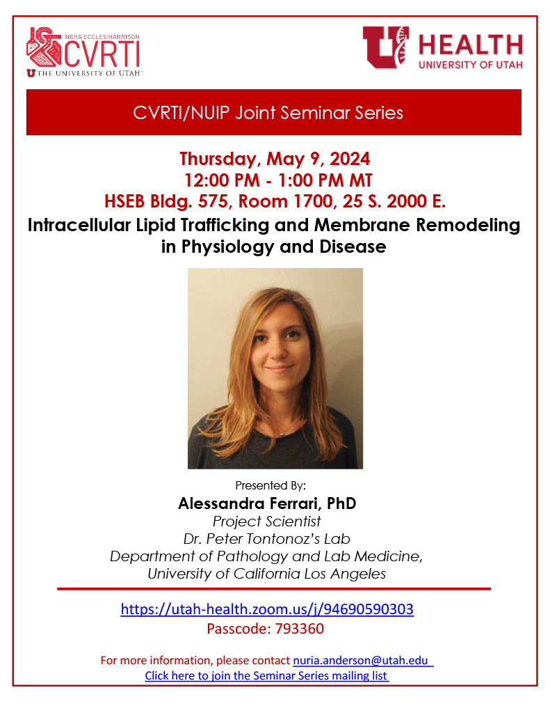 Join us on May 9! 👏
Dr. Alessandra Ferrari is our next seminar speaker, and we would love to see you there! Check out the flyer below for more details ⬇️

#hearthealth #research #cardiovascularresearch #cardiovascularhealth #heartdisease #utah #seminar