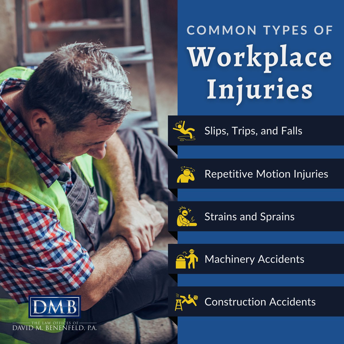 Stay Safe, Florida Workers! 🌟 Discover the common types of workplace injuries covered by Florida’s Workers' Compensation. 

Know your rights and stay protected on the job! 💼🛡️ 

#WorkplaceSafety #workerscomp #workerscompattorney #floridaattorney #southfloridaattorney