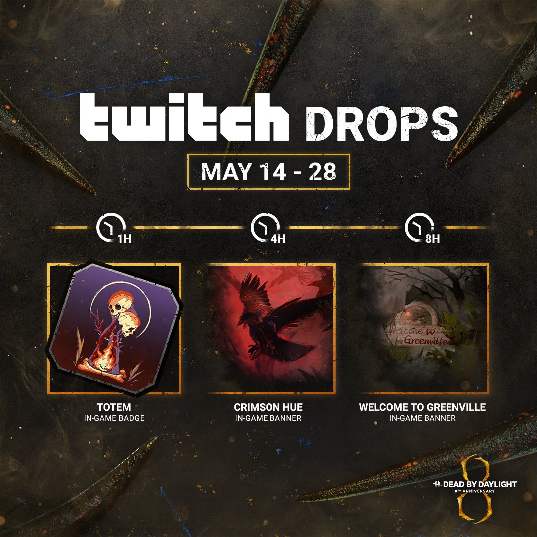 Pre-register now for Twitch Drops ahead of next week's Anniversary livestream and start earning these drops on May 14th at 11AM ET 🥳 🔗 dbd.game/3QAN9Et