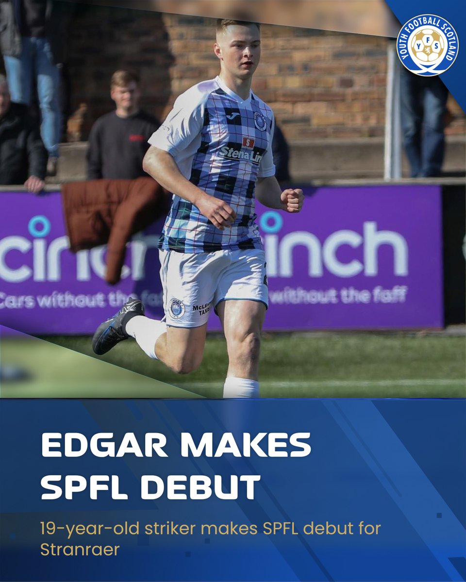 𝗖𝗢𝗡𝗚𝗥𝗔𝗧𝗦 𝗥𝗬𝗔𝗡👏 Congratulations to Ryan Edgar, who made his SPFL debut! The @StranraerFC striker came off the bench against Forfar. Edgar played at @MillenniumFC1, @valspar_fc, @steadythebuffs and @atfc1909 before he signed for Stranraer.