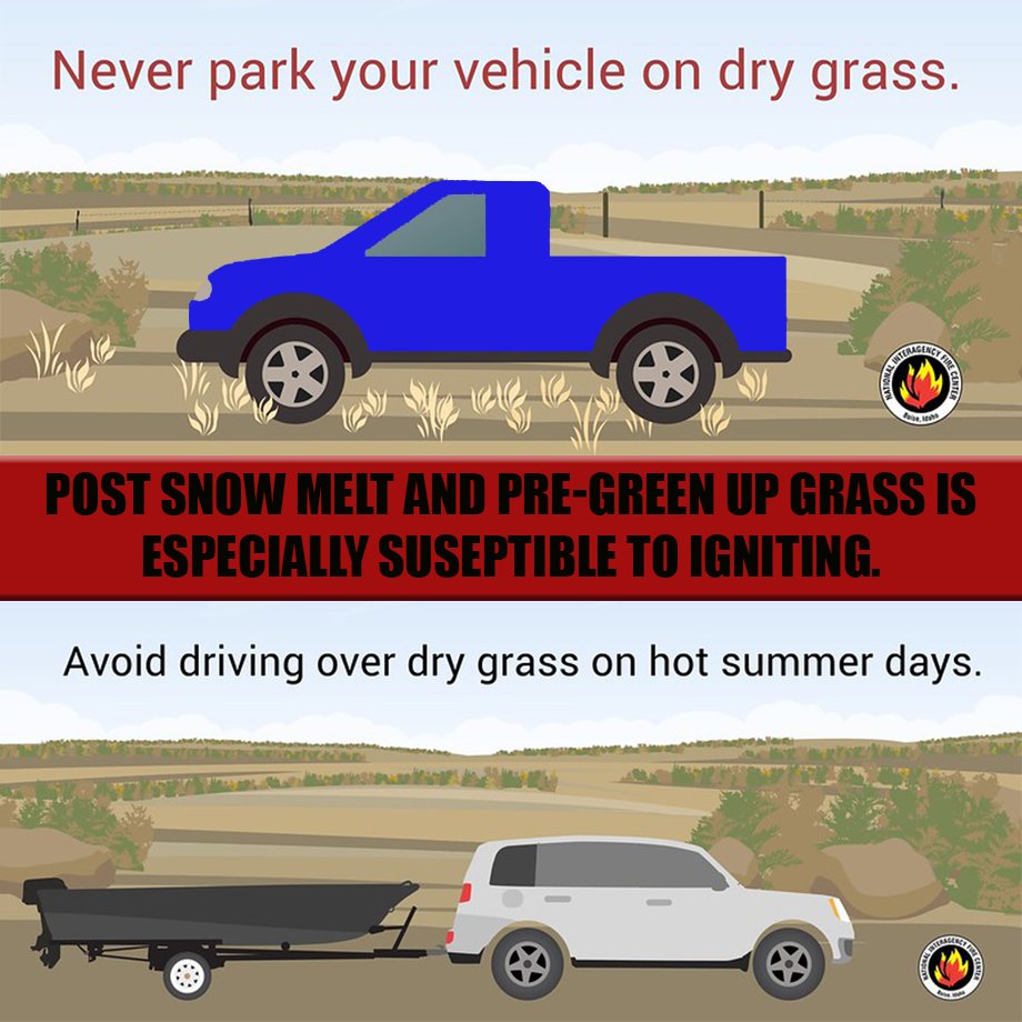 #AKWildfirePreventionAndPrepWeek 🚛Don't drive on dry grass 🚐 Don't drag chains or equipment 🚚 Check tire pressure because tire rims hitting the road can produce sparks 🚛 Fires can then start when flammable materials, such as dry grass & seeds, collect on the exhaust