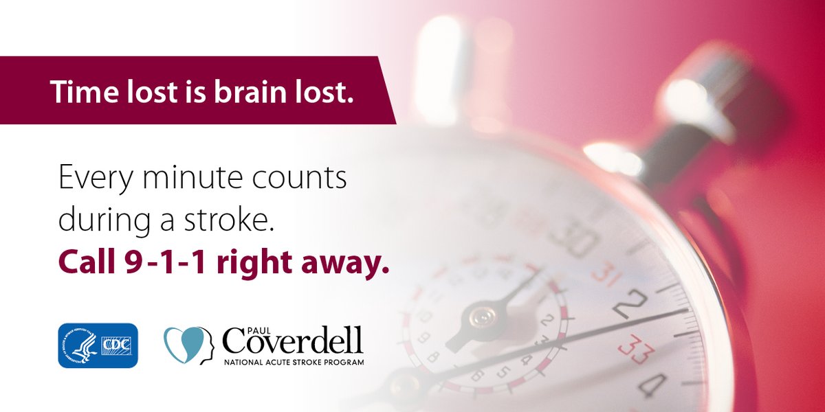 Don’t delay, call 9-1-1 right away if you spot any signs of stroke in yourself or someone else. Time lost is brain lost. Every minute counts. Learn the signs and symptoms of stroke: cdc.gov/stroke #StrokeMonth #HealthierNJ
