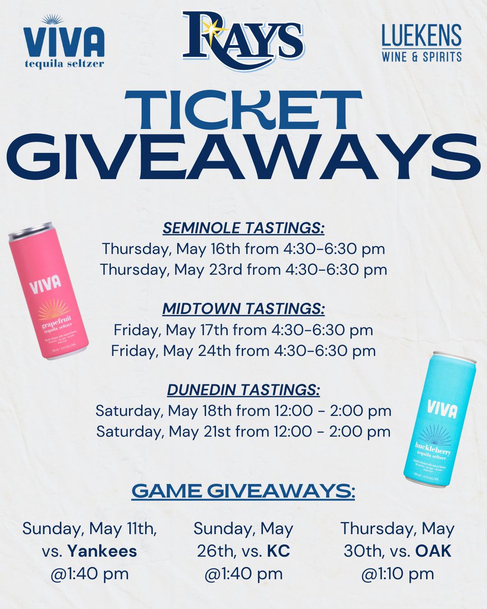 𝐆𝐈𝐕𝐄𝐀𝐖𝐀𝐘 𝐀𝐋𝐄𝐑𝐓 ⚾️🎉 We've teamed up with Viva Tequila Seltzers to bring you an epic opportunity! 🌟 Score TWO tickets to catch the Rays in action at Tropicana Field! 🎟️✨ Two lucky winners will be randomly selected each week! Check our Instagram to see how to enter!