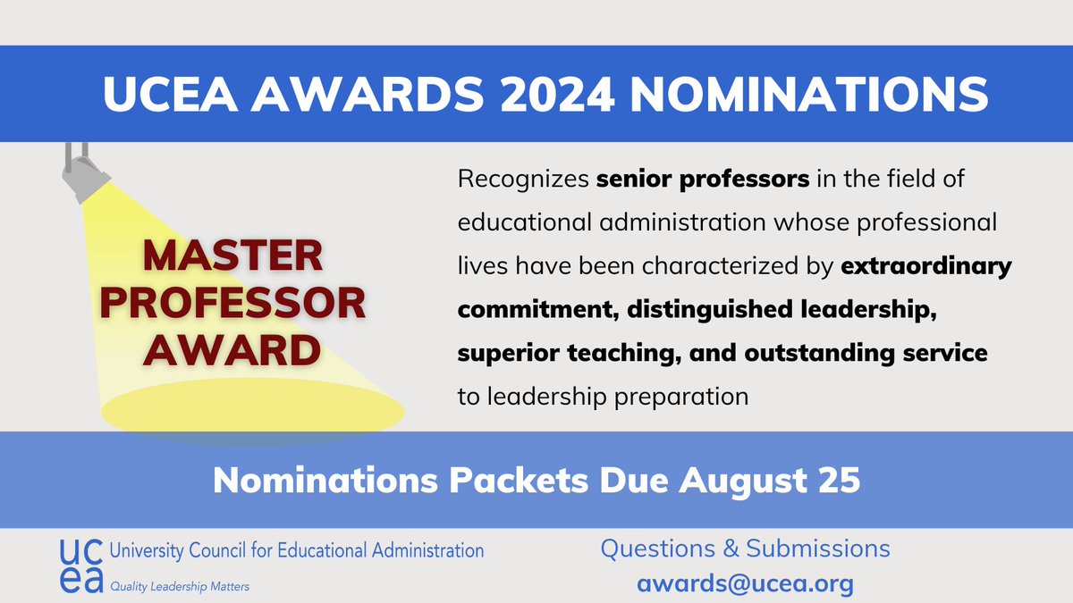 #UCEA24 Awards are open for nominations! Know a professor who is a #UCEAwesome teacher? Then the Master Professor is the award for them! #LeadershipMatters For more information: ucea.org/award_master.p…