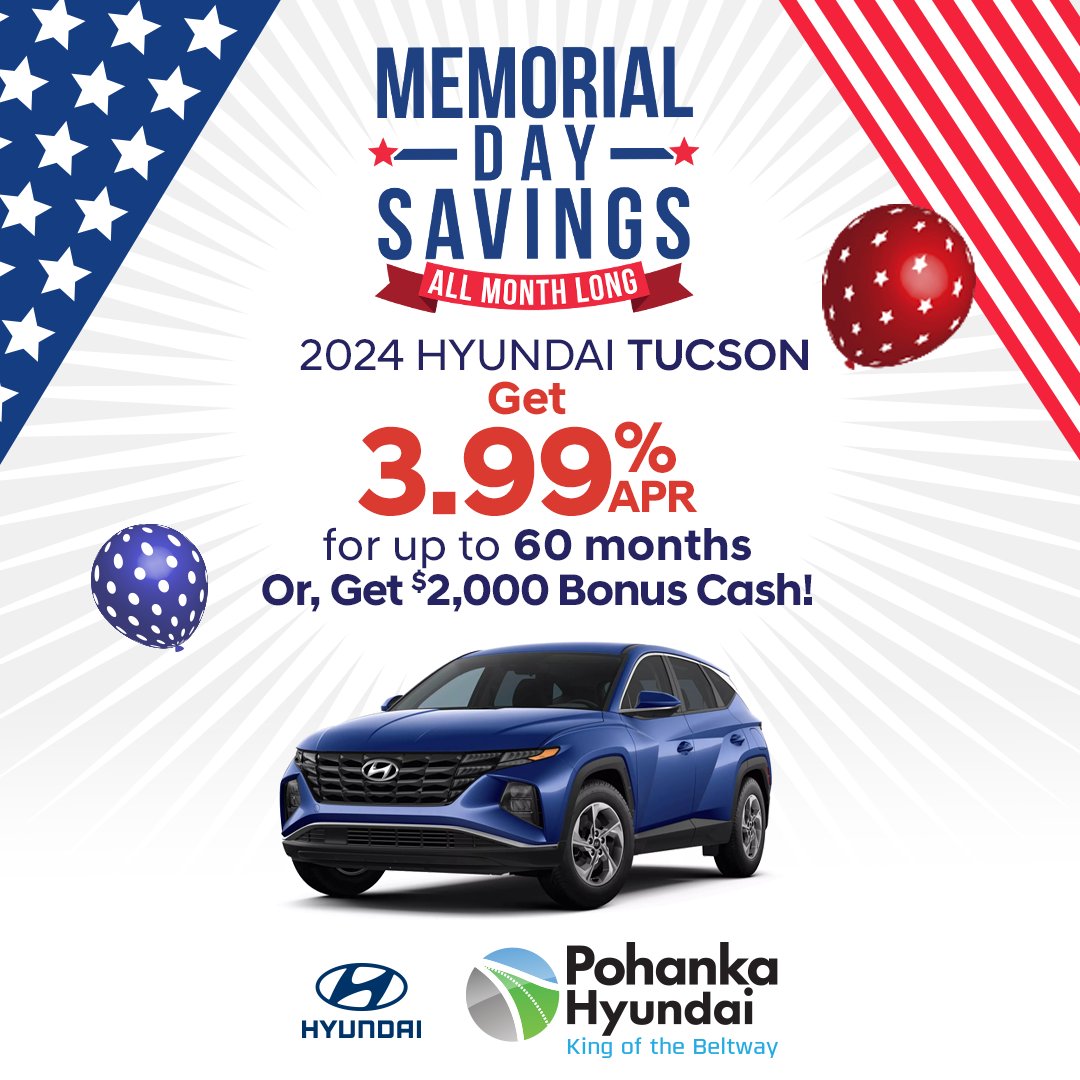 Get 3.99% APR financing on the 2024 Hyundai Tucson for up to 60 months or get $2,000 Bonus Cash! 🚘

Shop now: bit.ly/3U2GK5Z

#ilovepohanka #pohankahyundai #capitolheightsmd #tucson #savingsevent