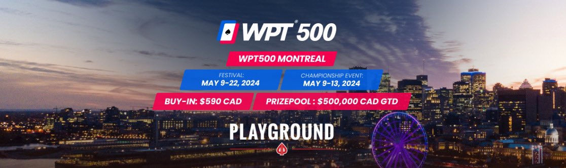 On the road again, this time to @WPT Montreal @PlaygroundPoker! It’s been way too long since we’ve been in Canada and the amazing city of Montreal. A WPT500, and televised @WPTPrime and Main Tour Championships! #BonneChance 

 worldpokertour.com/event/wpt500-w…