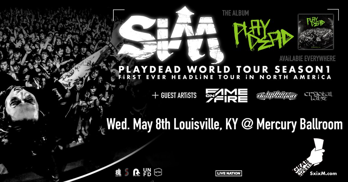 @SiM_Official 's #PLAYDEADWorldTour comes to @MercuryBallroom tonight with guests @fameonfire, @DMWDestruction, and @CrystalLake777. 

Convenient parking available at 5th St Garage. Enjoy!

#Louisville #MercuryBallroom #SIM  #FameOnFire #WithinDestruction #CrystalLake #Tour