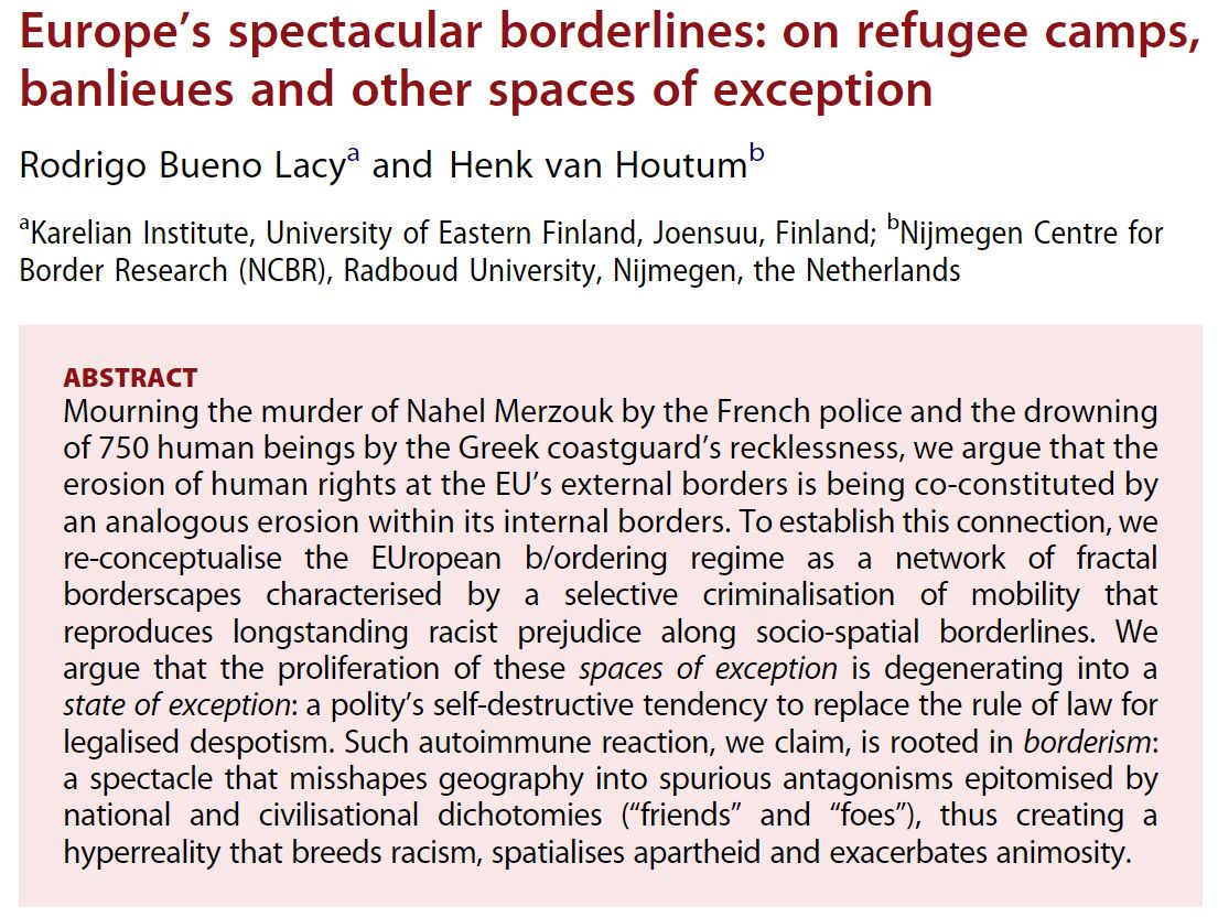 #ERSNew🐣 

Lacy & @HenkvanHoutum re-conceptualise the #EUropean b/ordering regime as a network of fractal #borderscapes characterised by a selective #criminalisation of mobility that reproduces longstanding #racist prejudice along socio-spatial borderlines.