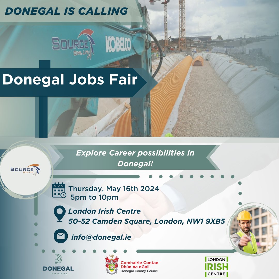 Donegal based firm Source Civil Ltd will be in London on Thursday next, the 16th of May, at the Donegal Jobs Fair, hosted by Donegal County Council’s Economic Development Division in the @ldnirishcentre Full details - ow.ly/Mb7m50RzwYH #Donegal #YourCouncil