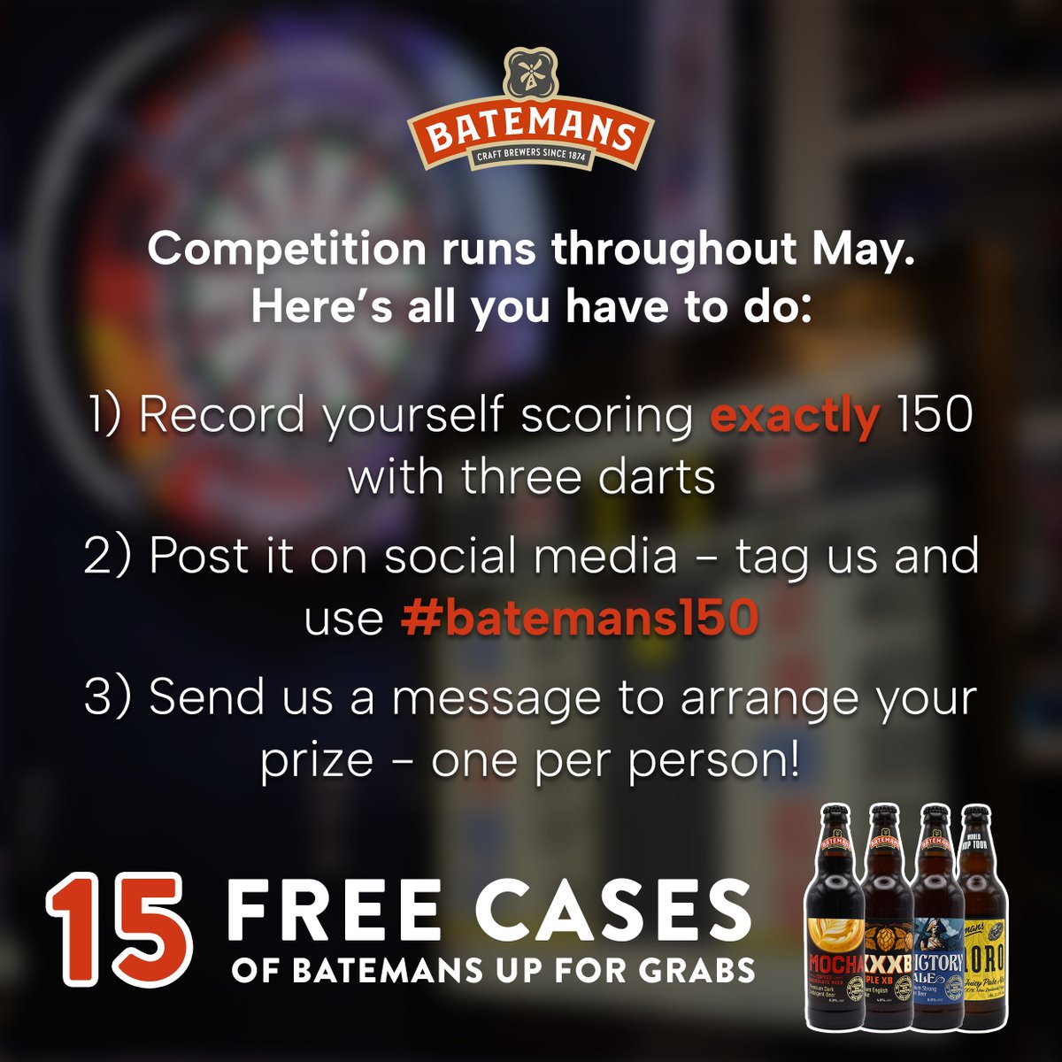 Your chance to WIN a FREE case of Batemans!

Film yourself scoring EXACTLY 150 points with three darts (no editing!). Post it, tag us, and use #batemans150 to win!

You have until May  31st - good luck!

T&Cs at batemansbrewery.co.uk/darts-competit…

#darts #craftbeer #realale #LincsConnect