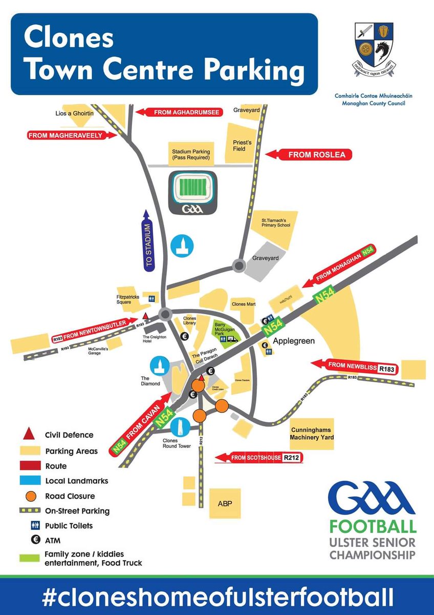 A map of all available parking in Clones @UlsterGAA senior football final 2024