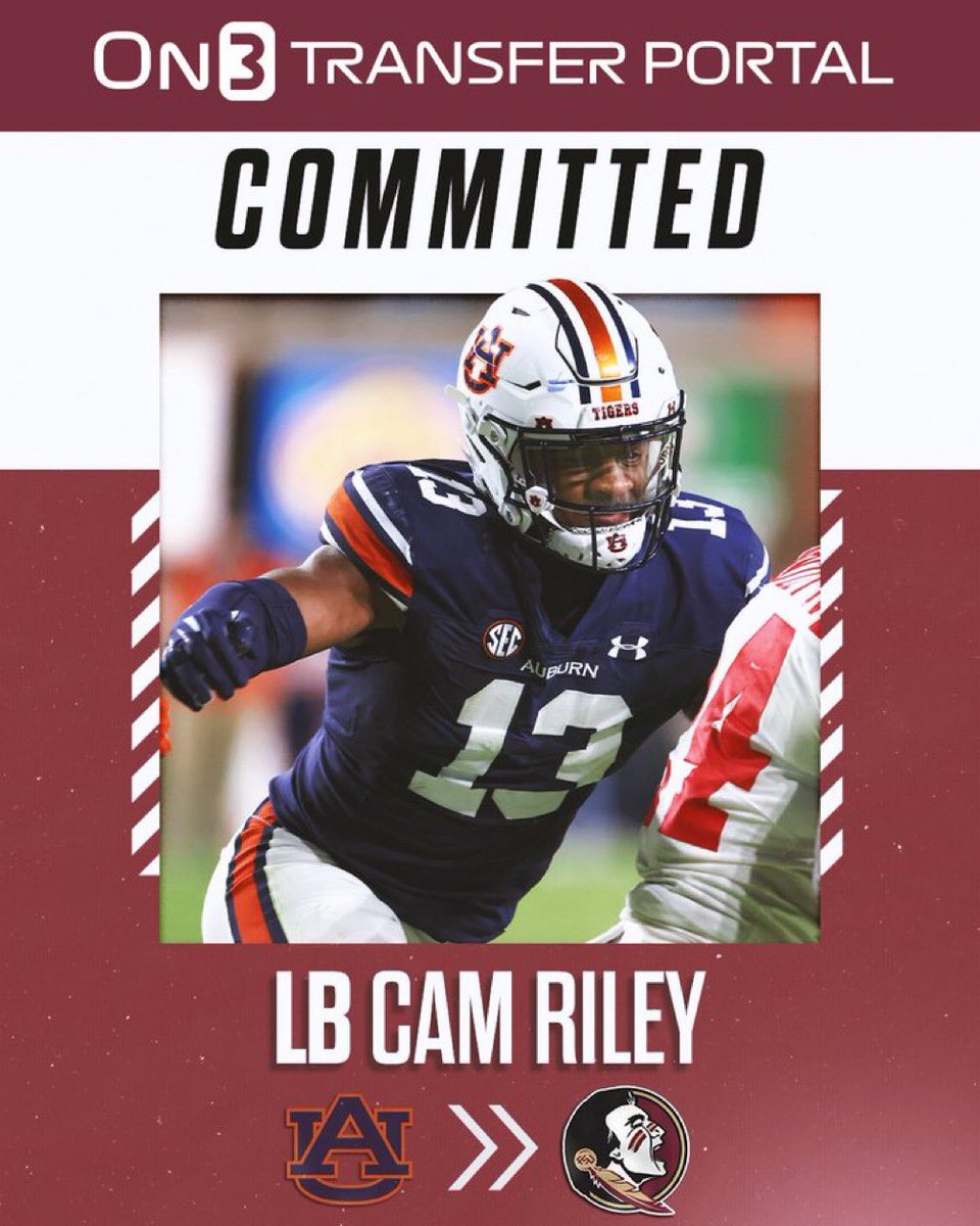 UPDATE: BOOM! Former Auburn linebacker transfer Cam Riley has committed to Florida State. Riley originally committed to North Carolina State. The veteran linebacker accumulated 120 total tackles (eight for loss) and 2.5 sacks during his time with the Tigers. 🔥 #GoNoles