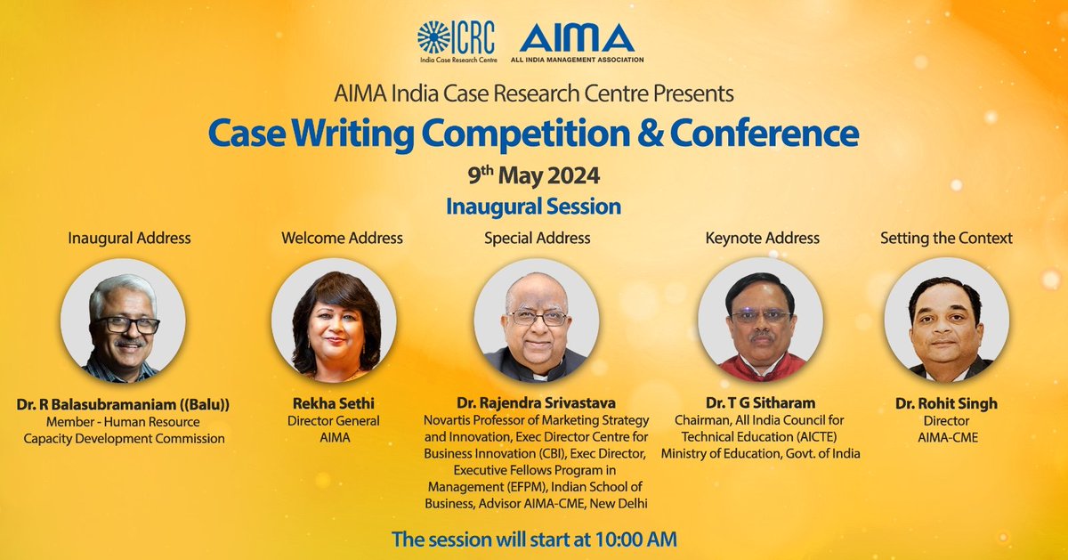 AICTE Chairman Prof. @SITHARAMtg will deliver a keynote address at the inaugural session of Case Writing Competition & Conference organised by @aimaindia Case Research Centre on 09 May, 2024. #AIMA