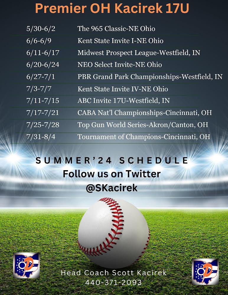An updated version of our 17U summer schedule! <a href="/PrepBaseballOH/">Prep Baseball Ohio</a> <a href="/PrepBaseOHScout/">Prep Baseball Ohio Scouting Coverage</a> <a href="/premierath/">Premier Ohio Baseball</a> <a href="/965MWChallenge/">965 Midwest Challenge Tournaments</a> <a href="/Bullpenevents/">Bullpen Tournaments</a> <a href="/Cincy_Flames/">Cincy Flames</a> <a href="/weldyprep/">Kyle Weldon</a>