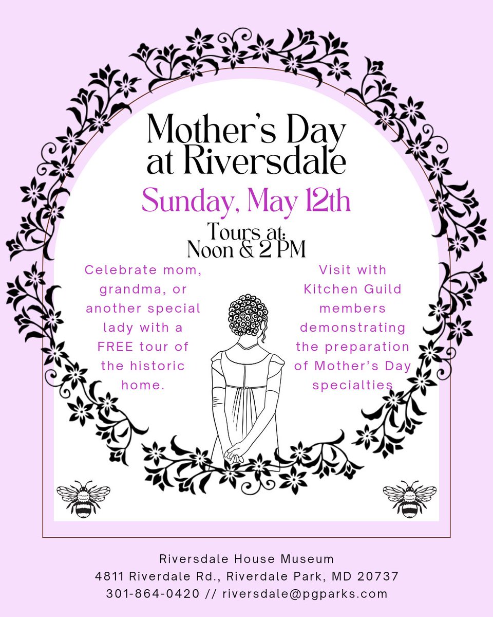 Making plans for Mother's Day? Bring mom to Riversdale for a tour, cooking demonstration, and a stroll through the gardens! 💐

#mothersday #freeevents #housemuseum #historicfoodways #openhearthcooking #gardens #historicgardens #historichouse