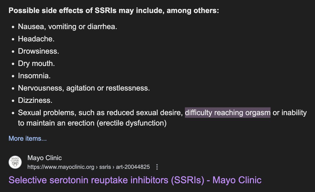 Some of the side effects of SSRIs, biggest one being in kids especially that suicide is a real risk. I'm sure all the 'Gender Critical' cultists will be calling out @Hilary_Cass for suggesting this dangerous and literal experiment of giving SSRIs to trans kids to 'cure' them?