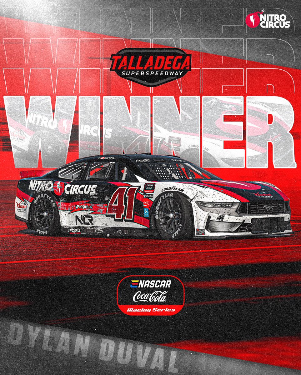We are @ENASCARGG winners 🏆@DDuval42 parks the #41 @NitroCircus Mustang in victory lane at Talladega snapping his 8 year winless streak 🏁#NitroCircus