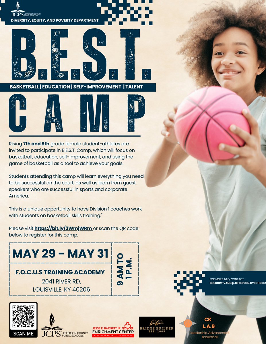 Attention rising 7th and 8th grade female student-athletes! You are invited to participate in B.E.S.T. Camp, which will focus on basketball, education, self-improvement, and using the game of basketball as a tool to achieve your goals.