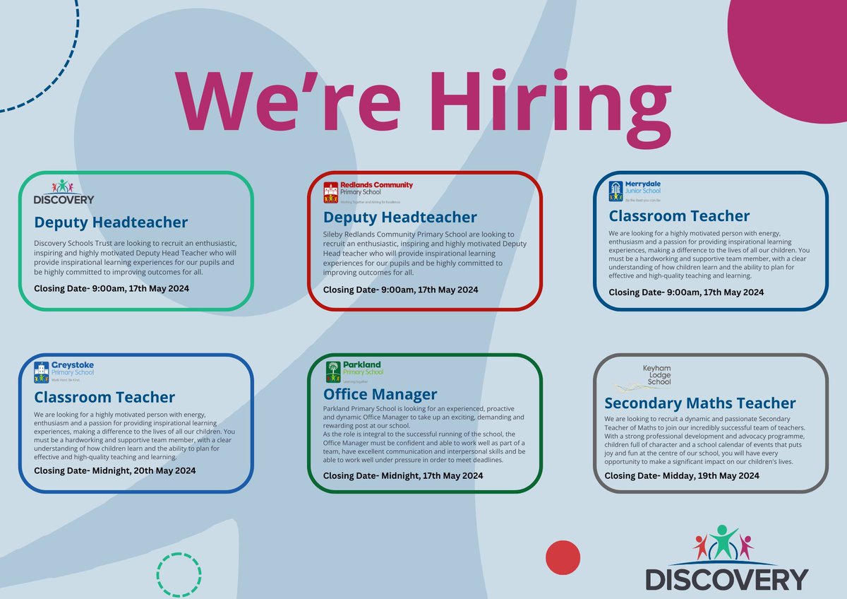 We are currently recruiting for a number of vacancies across our Trust. For more information, to apply and to see all of our vacancies, click here- buff.ly/38YAHZj #Recruitment #vacancies #education #Jobs