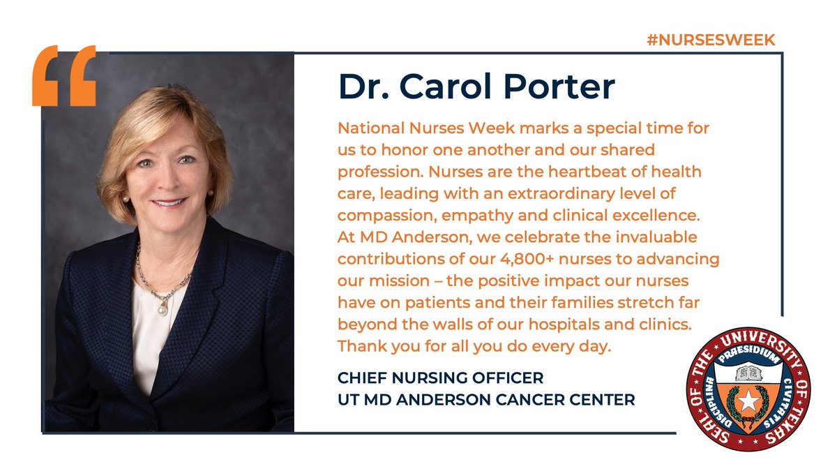 #NursesWeek continues with a spotlight on @MDAndersonNews' @CarolPorterDNP who shares with us: 'Nurses are the heartbeat of health care, leading with an extraordinary level of compassion, empathy and clinical excellence.' Indeed they are! Thank you to MD Anderson's 4,800+ nurses!