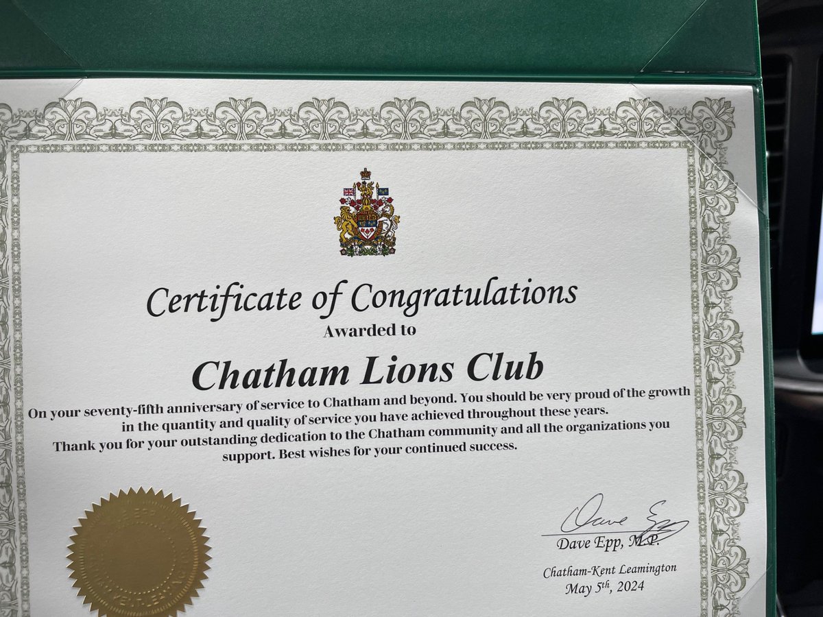 I had the honour to participate in the celebration of the Chatham Lions Club 75 years of service to Chatham and beyond. Over the decades the Lions Club has been there for our community. Thank you for your outstanding dedication to all the organizations and people you support.