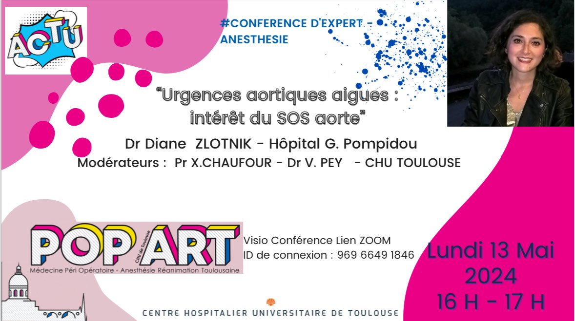 Lundi 13 mai aura lieu la prochaine conférence d’experts par la Dre #DianeZlotnik de l’@Anesth_Rea_HEGP sur le SOS Aorte 🫀 📅 Lundi 13 Mai 🕓 16-17h 🔗 Zoom 969 6649 1846 #Aorte #Dissection #Anevrysme #Chirurgie #Urgences