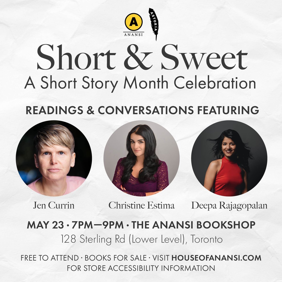 Happy #ShortStoryMonth! 📚💛 Join us for a sweet celebration of our new short story collections on May 23rd at the Anansi bookshop! From 7pm to 9pm ET we'll be hosting readings and chats with three incredible short story authors.