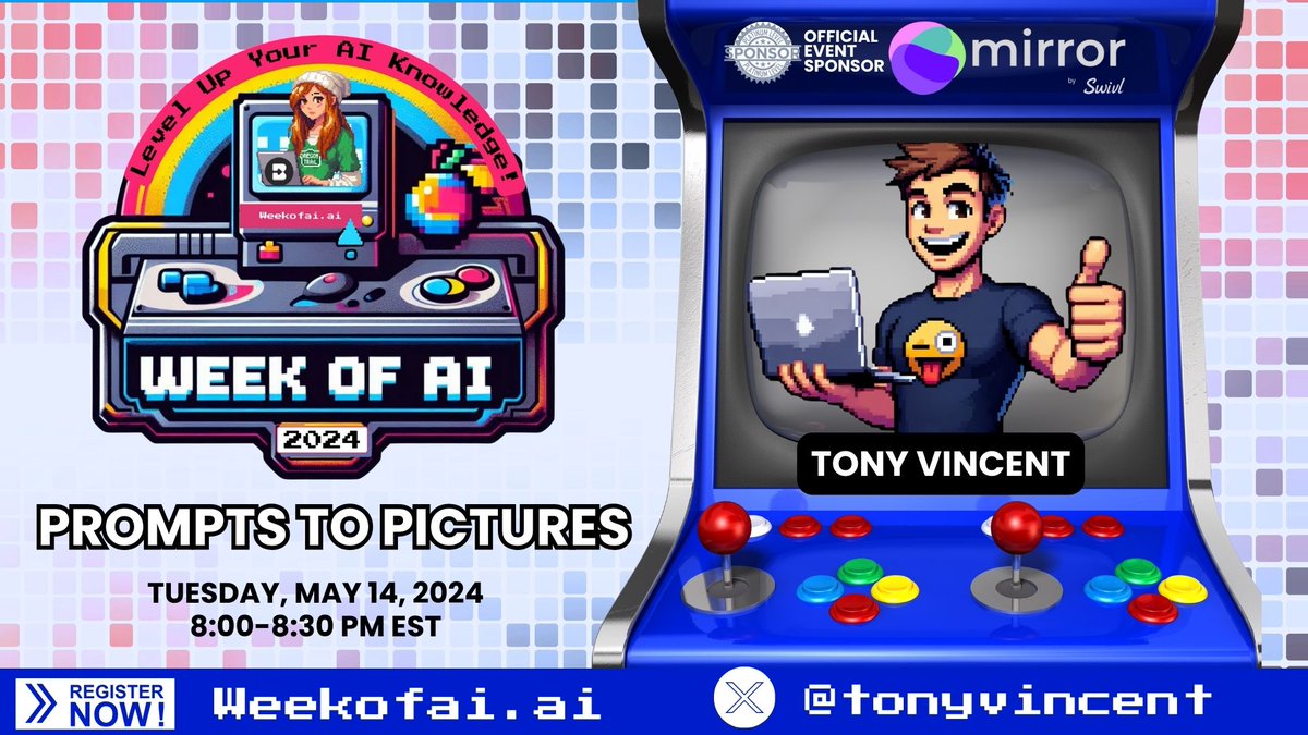 tonyvincent's tweet photo. #WeekofAI is May 13-18th! Free virtual sessions Monday through Friday.

Tuesday I'm presenting "From Prompt to Pictures: Creative Illustrations with AI" 8-8:30 PM ET.

Register at https://t.co/jVNepioVPD https://t.co/zWFA1F85zh