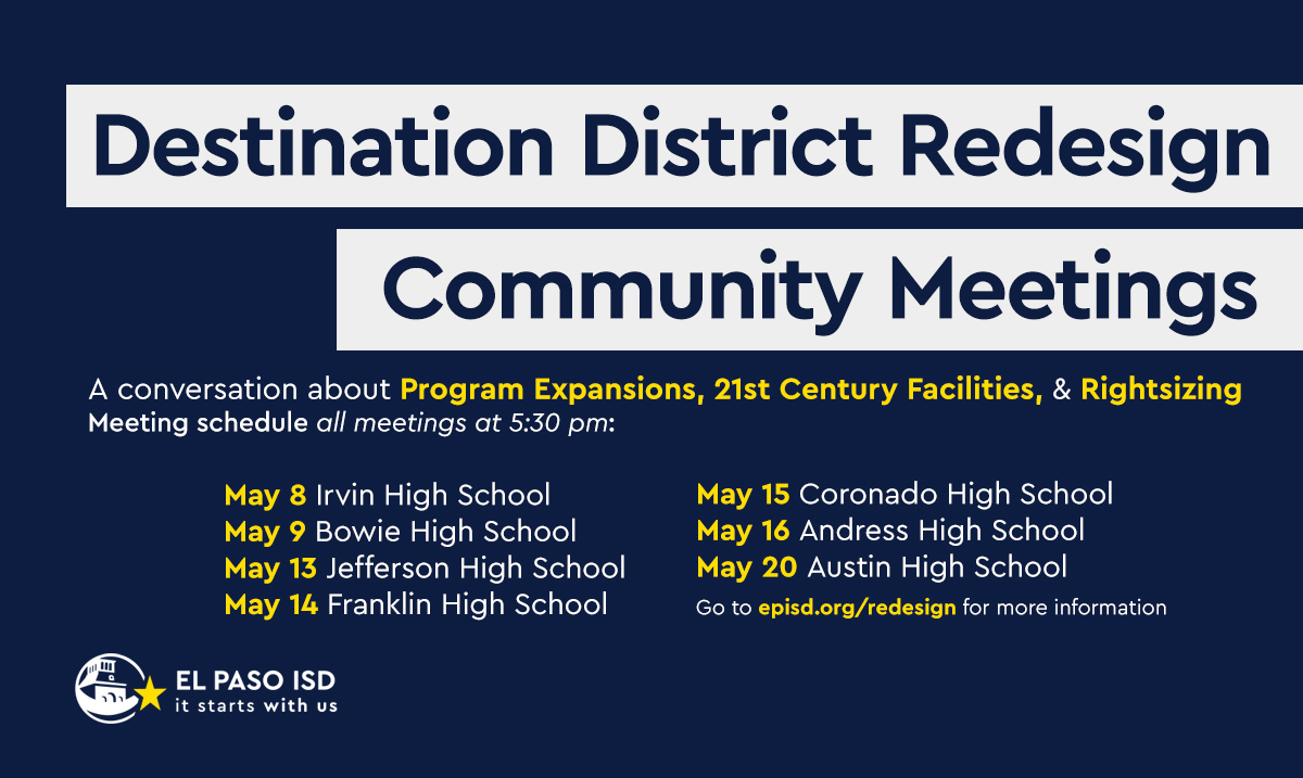 HAPPENING TODAY! Make plans to attend the Irvin High School Destination District Redesign community meeting at 5:30 p.m. Wednesday, May 8. What conversations should we be having about your child’s ideal school? Share your thoughts ➡️ bit.ly/episd_ddr #ItStartsWithUs
