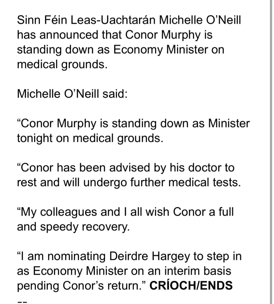 Sinn Féin say @conormurphysf is standing down tonight as economy minister on medical grounds