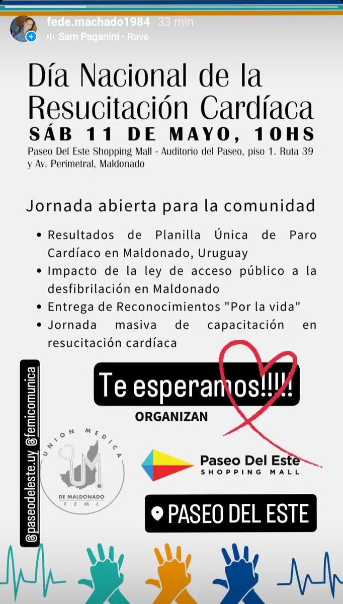 A guardar la fecha!!! 
Sabado 11 de mayo, hora 10, Paseo del este, jornada abierta para la comunidad 
Todos invitados!!!!! <a href="/emekavoces/">Marcelo Umpierrez 📞099323625</a> <a href="/220uy/">220.UY | Portal de Noticias</a> <a href="/Musicaenlatarde/">Marce Gonzalez</a> <a href="/canal2sancarlos/">canal2sancarlos HD</a> <a href="/CanalOncePunta/">Canal Once Punta</a> <a href="/cardiosaluduy/">Comisión Cardiovascular</a> <a href="/fmaspen/">FM ASPEN 102.3</a> <a href="/fmgenteradio/">Fm Gente🇺🇾📲 094054756</a> <a href="/FEMIcomunica/">FEMI</a> <a href="/Canal4_UY/">Canal 4</a> <a href="/canal10uruguay/">Canal 10</a>