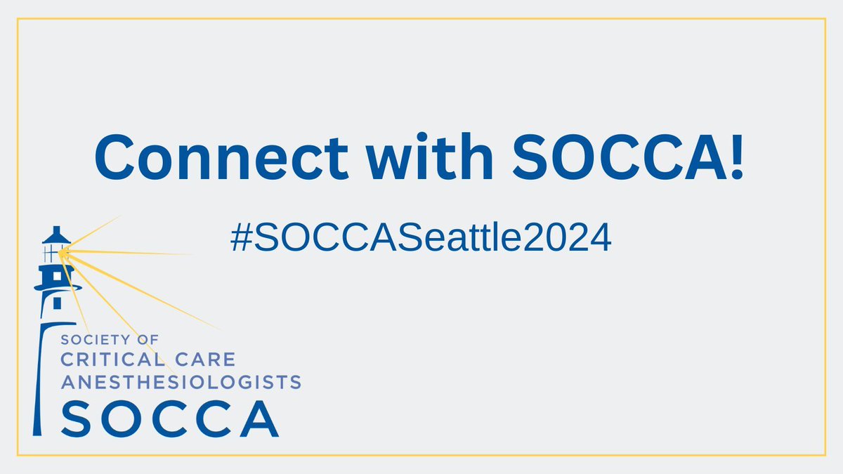 Connect with SOCCA on X and stay updated with the latest trends, research, and opportunities in critical care anesthesiology! Share with your colleagues and peers to expand our community and foster collaboration. #SOCCASeattle2024