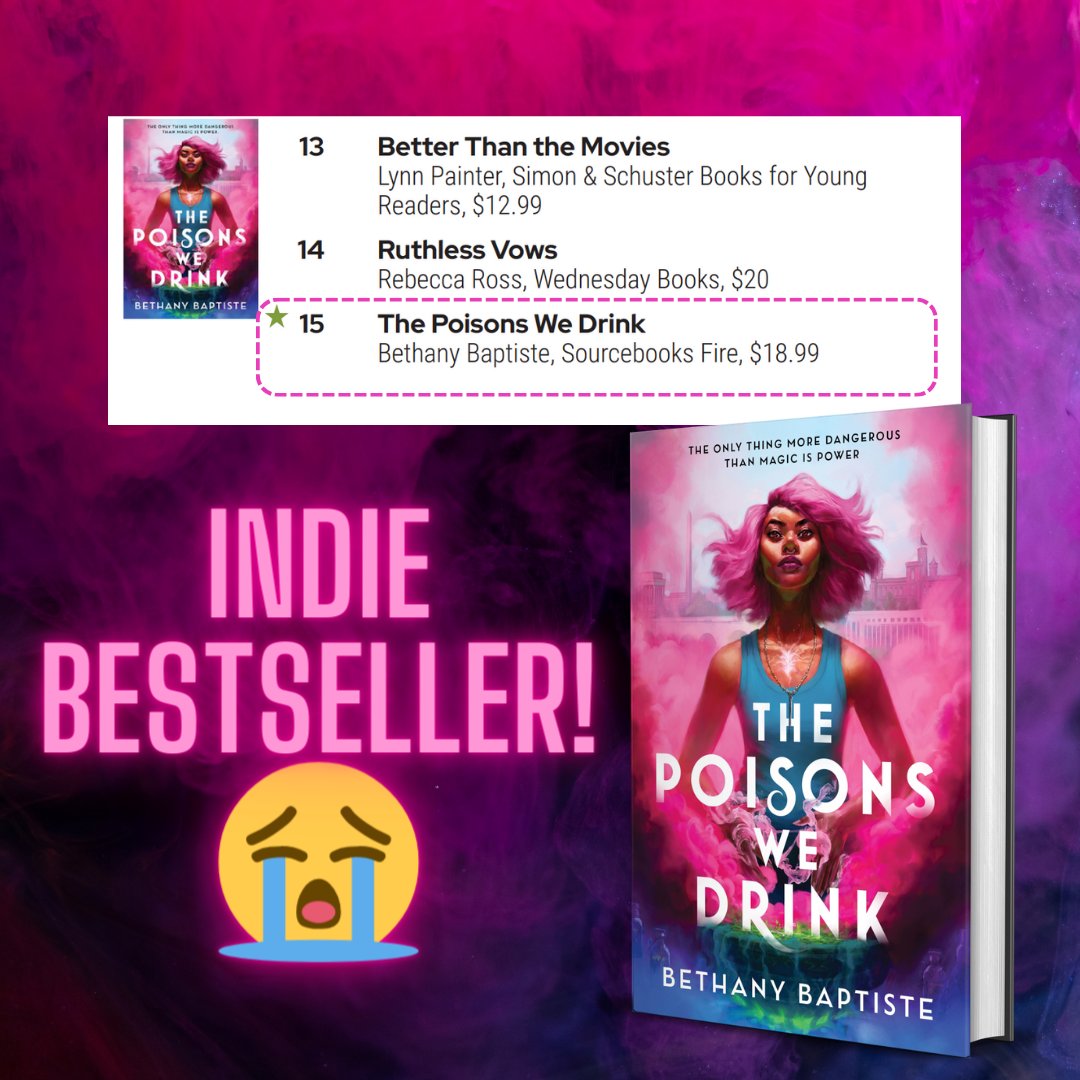 So, uh... THE POISONS WE DRINK is an INDIE BESTSELLER!!!!! A big, big, BIG thank you, thank you, THANK YOU to all the indie booksellers and readers that showed love to this deceptively pink book about love potions, politics, and power. I appreciate y'all SO MUCH. 😭😭😭💗