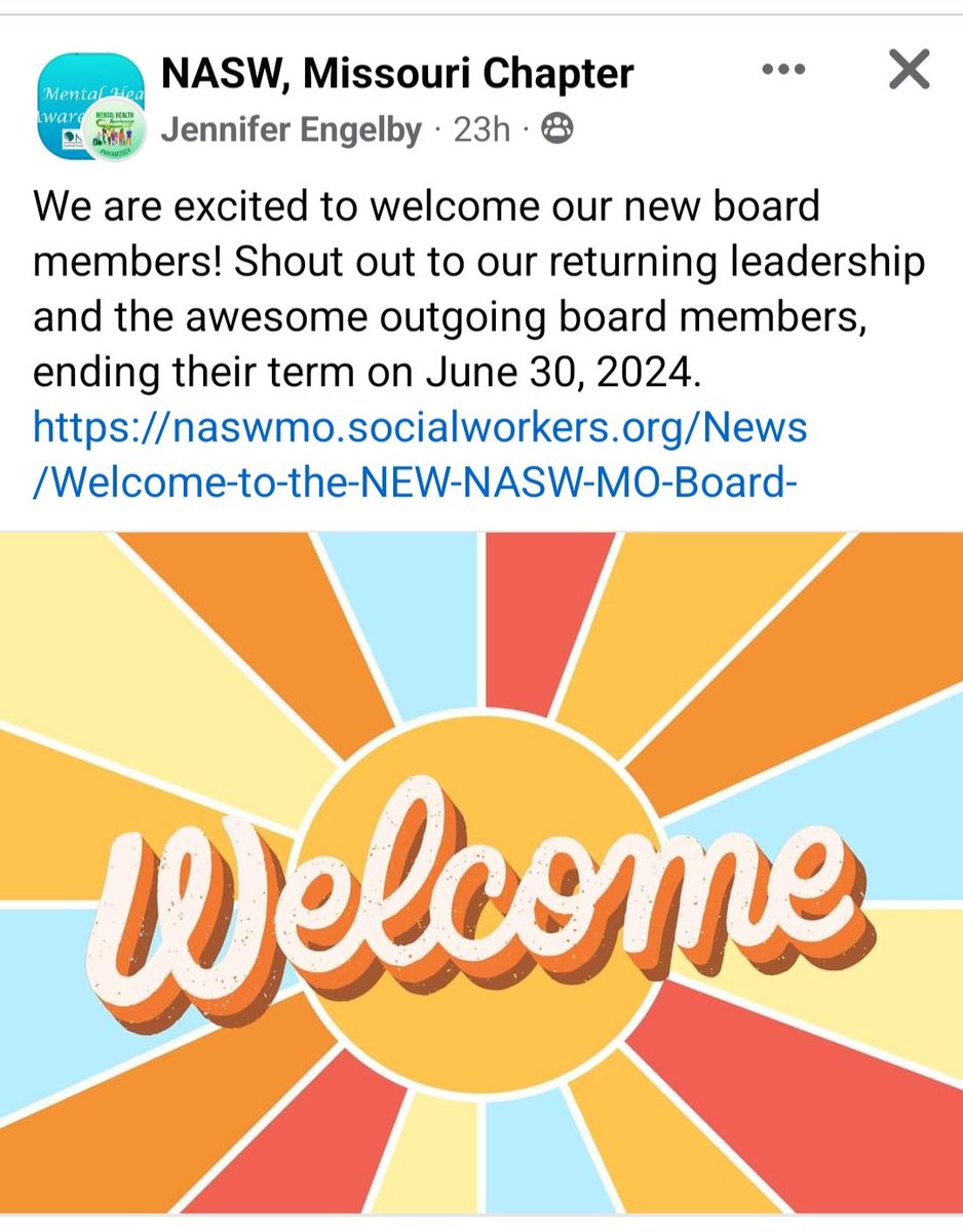 I'd like to extend a warm welcome to all the new Missouri Chapter Board Members! I'm excited to serve with you. @NASWMissouri
@nasw #socialworkers 

naswmo.socialworkers.org/News/Welcome-t…