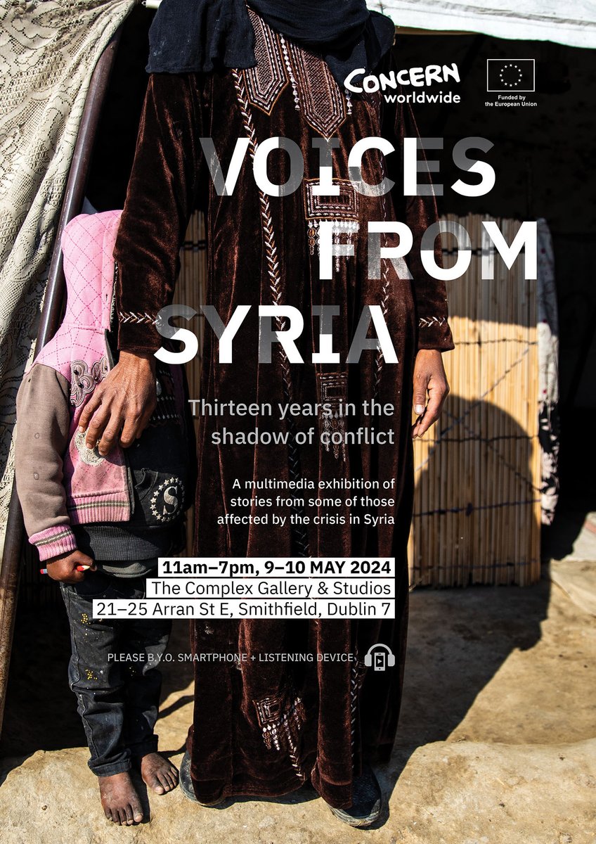 Around #Dublin the next few days & looking for something interesting to do?

'Voices from Syria: Thirteen Years in the Shadow of Conflict' is on tomorrow 9th & Fri 10th @ComplexDublin -🚶 a 4 min walk from Four Courts Luas stop.

Open from 11am to 7pm both days.

#discoverdublin