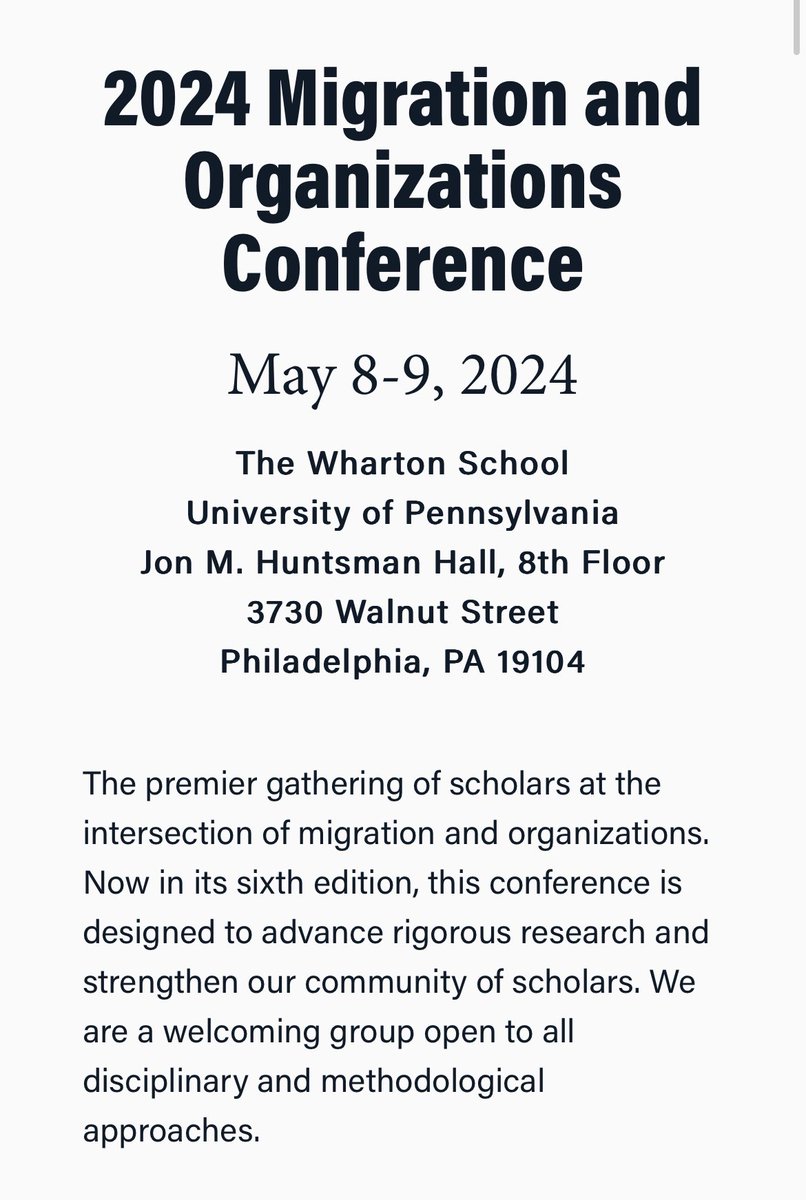 Zeke Hernandez (@profzeke) on Twitter photo The migration & organizations conference is off to the races! Follow this thread as I tweet about the super cool work being presented over the next 2 days. 
Here’s the full program: esg.wharton.upenn.edu/events/2024-mi… The migration & organizations conference is off to the races! Follow this thread as I tweet about the super cool work being presented over the next 2 days. 
Here’s the full program: esg.wharton.upenn.edu/events/2024-mi…