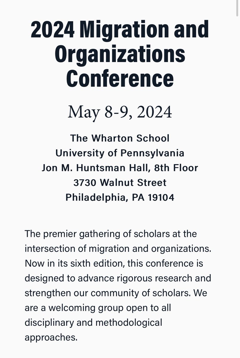 The migration & organizations conference is off to the races! Follow this thread as I tweet about the super cool work being presented over the next 2 days. Here’s the full program: esg.wharton.upenn.edu/events/2024-mi…