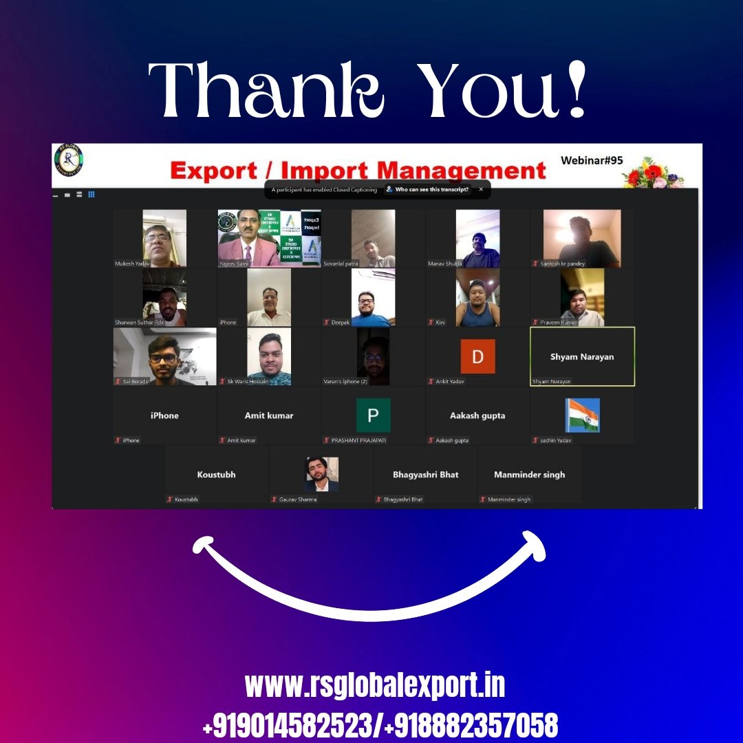 Thank you all for your active participation in yesterday's webinar on export-import opportunities. Your engagement underscores a shared commitment to exploring new horizons.
.
.
.
.
.
.
.

#rsglobalexport
#rajeevsaini
#trade
#importandexport
#newindia
#courses